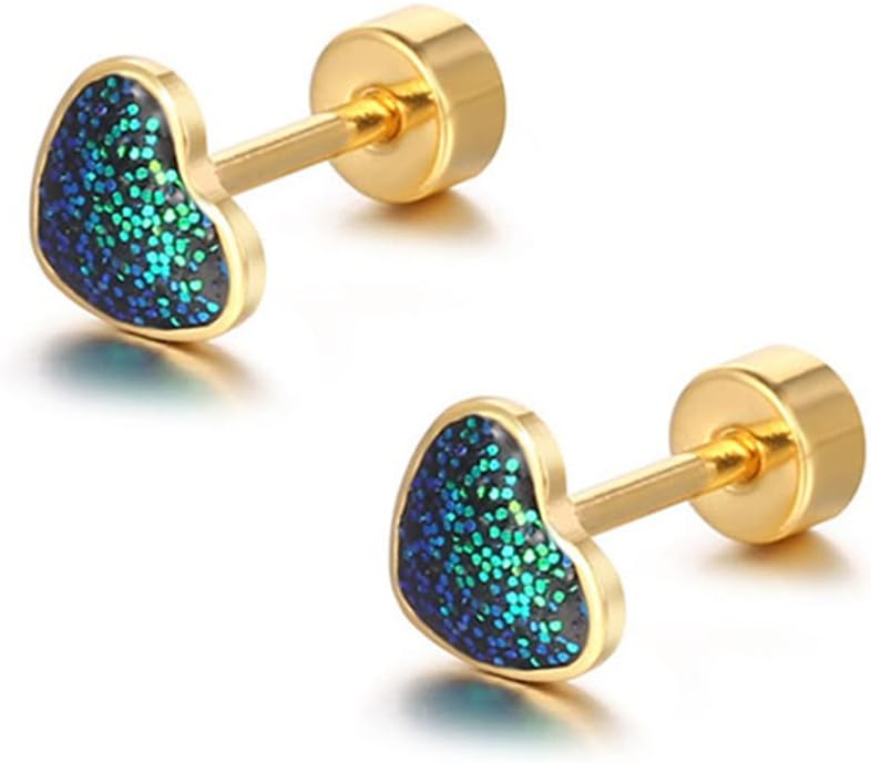 Dtja 18g Titanium Heart Love Earrings for Women Girls Stainless Steel 14k Gold Plated Hypoallergenic Cute Tiny Sequins Stud Cartilage Tragus Screw Back Post Piercing Sensitive Ear - Image 1